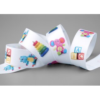 3 m x 25 mm Dekoband Baby ABC Spielzeug Muster Kinder Schleifenband Satinband Geschenkband Geburt Geburtstag Deko