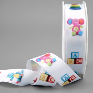 20 m x 25 mm Dekoband Baby ABC Spielzeug Muster Kinder Schleifenband Satinband Geschenkband Geburt Geburtstag Deko
