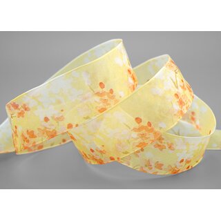 3 m x 40 mm Dekoband EVA Gelb Orange Chiffon mit Blumen Blumenband transparent mit Drahtkanten Aquarell Schleifenband Frhling Sommer Band 