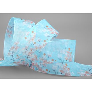 3 m x 40 mm Dekoband EVA HELLBLAU Apricot Chiffon mit Blumen Blumenband transparent mit Drahtkanten Aquarell Schleifenband Frhling Sommer Band 