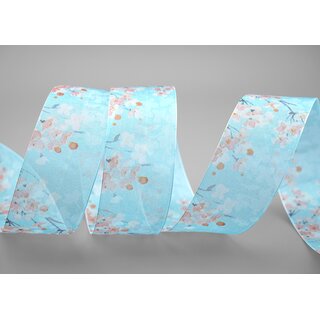3 m x 40 mm Dekoband EVA HELLBLAU Apricot Chiffon mit Blumen Blumenband transparent mit Drahtkanten Aquarell Schleifenband Frhling Sommer Band 