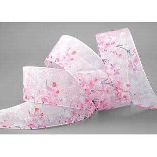 3 m x 40 mm Dekoband EVA ROSA Hellrosa Chiffon mit Blumen Blumenband transparent mit Drahtkanten Aquarell Schleifenband Frhling Sommer Band 
