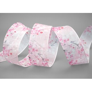 3 m x 40 mm Dekoband EVA ROSA Hellrosa Chiffon mit Blumen Blumenband transparent mit Drahtkanten Aquarell Schleifenband Frhling Sommer Band 