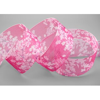 3 m x 40 mm Dekoband EVA PINK Chiffon mit Blumen Blumenband transparent mit Drahtkanten Aquarell Schleifenband Frhling Sommer Band 