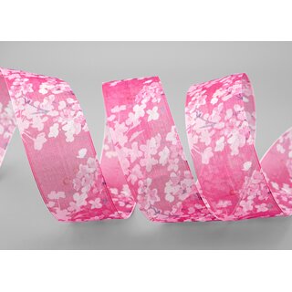 3 m x 40 mm Dekoband EVA PINK Chiffon mit Blumen Blumenband transparent mit Drahtkanten Aquarell Schleifenband Frhling Sommer Band 