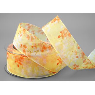 20 m x 40 mm Dekoband EVA Gelb Orange Chiffon mit Blumen Blumenband transparent mit Drahtkanten Aquarell Schleifenband Frhling Sommer Band 