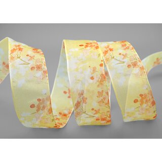 20 m x 40 mm Dekoband EVA Gelb Orange Chiffon mit Blumen Blumenband transparent mit Drahtkanten Aquarell Schleifenband Frhling Sommer Band 