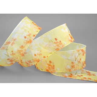 20 m x 40 mm Dekoband EVA Gelb Orange Chiffon mit Blumen Blumenband transparent mit Drahtkanten Aquarell Schleifenband Frhling Sommer Band 