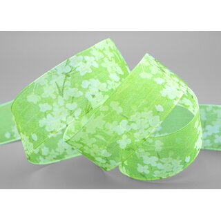 20 m x 40 mm Dekoband EVA GRN Apfelgrn Chiffon mit Blumen Blumenband transparent mit Drahtkanten Aquarell Schleifenband Frhling Sommer Band 