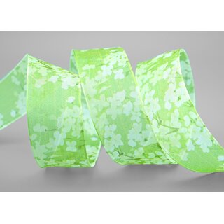 20 m x 40 mm Dekoband EVA GRN Apfelgrn Chiffon mit Blumen Blumenband transparent mit Drahtkanten Aquarell Schleifenband Frhling Sommer Band 