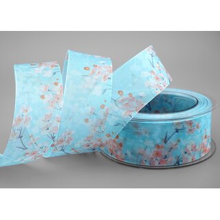 20 m x 40 mm Dekoband EVA HELLBLAU Apricot Chiffon mit Blumen Blumenband transparent mit Drahtkanten Aquarell Schleifenband Frhling Sommer Band 