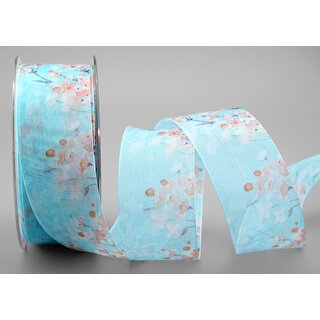 20 m x 40 mm Dekoband EVA HELLBLAU Apricot Chiffon mit Blumen Blumenband transparent mit Drahtkanten Aquarell Schleifenband Frhling Sommer Band 