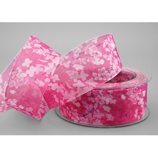 20 m x 40 mm Dekoband EVA PINK Chiffon mit Blumen Blumenband transparent mit Drahtkanten Aquarell Schleifenband Frhling Sommer Band 