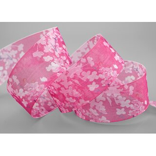 20 m x 40 mm Dekoband EVA PINK Chiffon mit Blumen Blumenband transparent mit Drahtkanten Aquarell Schleifenband Frhling Sommer Band 