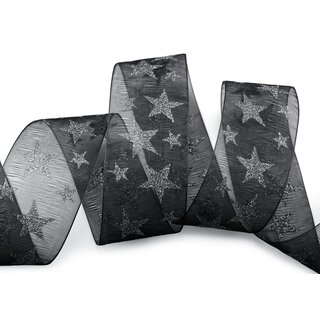 3 m x 40 mm Dekoband Chiffon Stars SCHWARZ Silber mit Sternen glnzend Geschenkband transparent Deko Band Weihnachten Advent