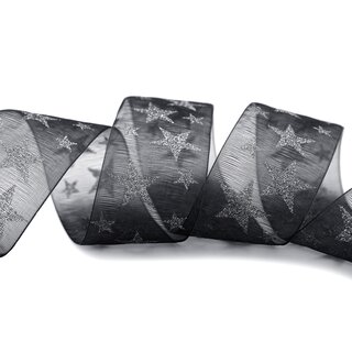 3 m x 40 mm Dekoband Chiffon Stars SCHWARZ Silber mit Sternen glnzend Geschenkband transparent Deko Band Weihnachten Advent
