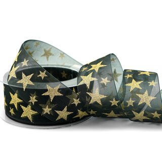 20 m x 40 mm Dekoband Chiffon Stars SCHWARZ Gold mit Sternen glnzend Geschenkband transparent Deko Band Weihnachten Advent