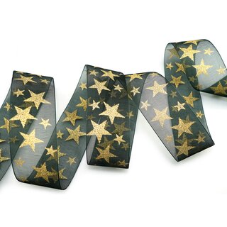 20 m x 40 mm Dekoband Chiffon Stars SCHWARZ Gold mit Sternen glnzend Geschenkband transparent Deko Band Weihnachten Advent