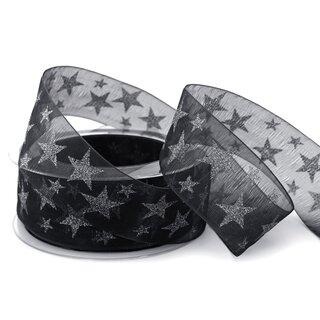 20 m x 40 mm Dekoband Chiffon Stars SCHWARZ Silber mit Sternen glnzend Geschenkband transparent Deko Band Weihnachten Advent
