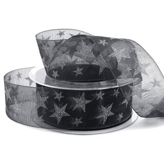 20 m x 40 mm Dekoband Chiffon Stars SCHWARZ Silber mit Sternen glnzend Geschenkband transparent Deko Band Weihnachten Advent