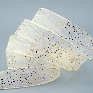 20 m x 25 mm Dekoband GLITZER CREME GOLD Geschenkband glnzend aus Organza mit Drahtkanten