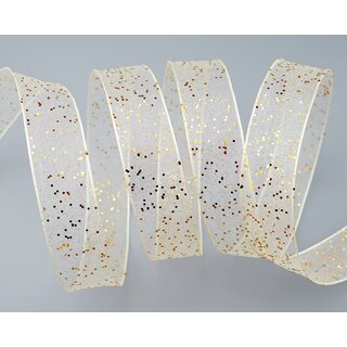 20 m x 25 mm Dekoband GLITZER CREME GOLD Geschenkband glnzend aus Organza mit Drahtkanten
