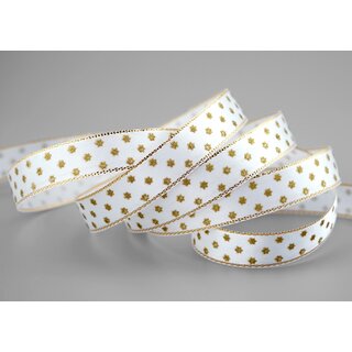 20 m x 15 mm Dekoband Mini Stars WEISS Gold Satinband mit Lurex Kanten goldene Sterne Geschenkband Stoffband Weihnachten Advent