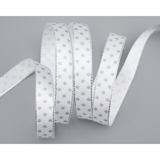 20 m x 15 mm Dekoband Mini Stars WEISS Silber Satinband mit Lurex Kanten goldene Sterne Geschenkband Stoffband Weihnachten Advent