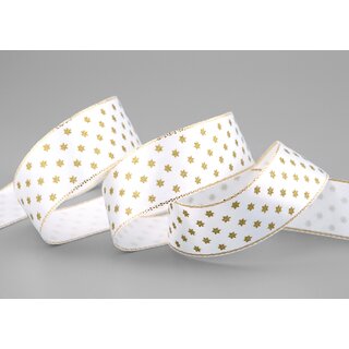 3 m x 25 mm Dekoband Mini Stars WEISS Gold Satinband mit Lurex Kanten goldene Sterne Geschenkband Stoffband Weihnachten Advent