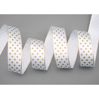 3 m x 25 mm Dekoband Mini Stars WEISS Gold Satinband mit Lurex Kanten goldene Sterne Geschenkband Stoffband Weihnachten Advent