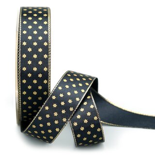 20 m x 25 mm Dekoband Mini Stars SCHWARZ Gold Satinband mit Lurex Kanten goldene Sterne Geschenkband Stoffband Weihnachten Advent