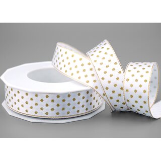 20 m x 25 mm Dekoband Mini Stars WEISS Gold Satinband mit Lurex Kanten goldene Sterne Geschenkband Stoffband Weihnachten Advent