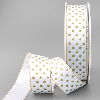 20 m x 25 mm Dekoband Mini Stars WEISS Gold Satinband mit Lurex Kanten goldene Sterne Geschenkband Stoffband Weihnachten Advent