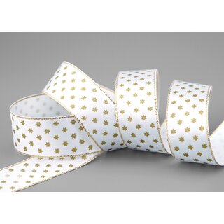 20 m x 25 mm Dekoband Mini Stars WEISS Gold Satinband mit Lurex Kanten goldene Sterne Geschenkband Stoffband Weihnachten Advent