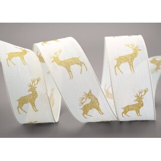 3 m x 40 mm Dekoband Hirsch CREME GOLD Geschenkband mit Drahtkanten glnzend Stoffband Deko Glitzer Herbst Winter Weihnachten