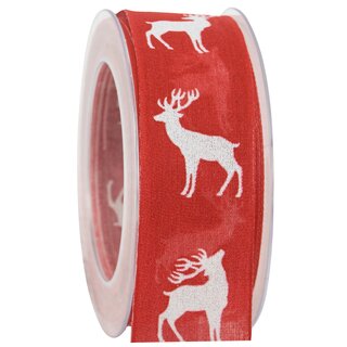 3 m x 40 mm Dekoband Hirsch ROT WEISS Geschenkband mit Drahtkanten glnzend Stoffband Deko Glitzer Herbst Winter Weihnachten