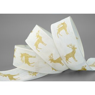 20 m x 40 mm Dekoband Hirsch CREME GOLD Geschenkband mit Drahtkanten glnzend Stoffband Deko Glitzer Herbst Winter Weihnachten