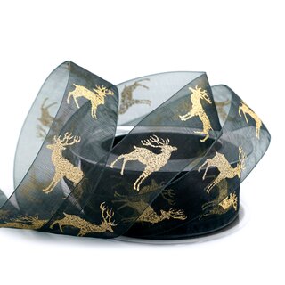 20 m x 40 mm Chiffonband Hirsch Schwarz Gold glnzend Dekoband transparent Chiffon Deko Glitzer Band Herbst Winter Weihnachten Advent