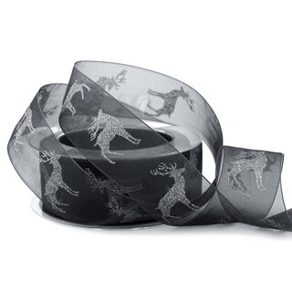 20 m x 40 mm Chiffonband Hirsch Schwarz SILBER glnzend Dekoband transparent Chiffon Deko Glitzer Band Herbst Winter Weihnachten Advent