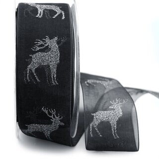 20 m x 40 mm Chiffonband Hirsch Schwarz SILBER glnzend Dekoband transparent Chiffon Deko Glitzer Band Herbst Winter Weihnachten Advent