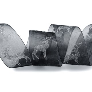 20 m x 40 mm Chiffonband Hirsch Schwarz SILBER glnzend Dekoband transparent Chiffon Deko Glitzer Band Herbst Winter Weihnachten Advent
