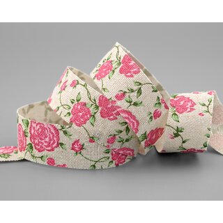 15 m x 25 mm Dekoband Vintage Rose NATUR Baumwollband Schleifeband mit Rosen Muster nachhaltig Deko Band zum dekorieren nhen verpacken
