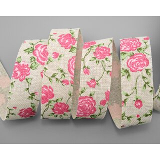 15 m x 25 mm Dekoband Vintage Rose NATUR Baumwollband Schleifeband mit Rosen Muster nachhaltig Deko Band zum dekorieren nhen verpacken