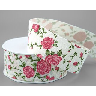 15 m x 38 mm Dekoband Vintage Rose Creme Baumwollband Schleifeband mit Rosen Muster nachhaltig Deko Band zum dekorieren nhen verpacken