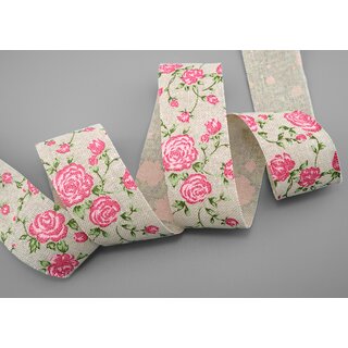 15 m x 38 mm Dekoband Vintage Rose NATUR Baumwollband Schleifeband mit Rosen Muster nachhaltig Deko Band zum dekorieren nhen verpacken