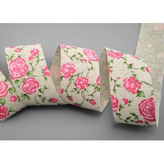 15 m x 38 mm Dekoband Vintage Rose NATUR Baumwollband Schleifeband mit Rosen Muster nachhaltig Deko Band zum dekorieren nhen verpacken