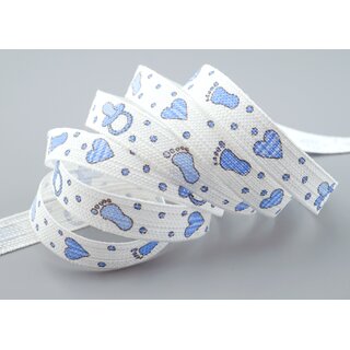 3 m x 15 mm Dekoband Happy Baby Weiss Hellblau Blau Baumwollband Newborn Geburt Junge Taufe 100% abbaubar Fsse Herzen Schnuller Nuckel
