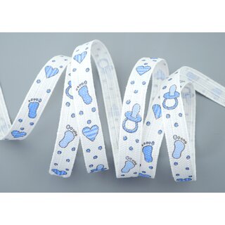 3 m x 15 mm Dekoband Happy Baby Weiss Hellblau Blau Baumwollband Newborn Geburt Junge Taufe 100% abbaubar Fsse Herzen Schnuller Nuckel