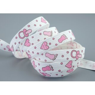 3 m x 15 mm Dekoband Happy Baby Weiss HELLROSA Rosa Baumwollband Newborn Geburt Mdchen Taufe 100% abbaubar Fsse Herzen Schnuller Nuckel