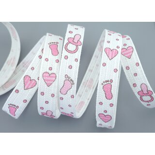 15 m x 15 mm Dekoband Happy Baby Weiss HELLROSA Rosa Baumwollband Newborn Geburt Mdchen Taufe 100% abbaubar Fsse Herzen Schnuller Nuckel